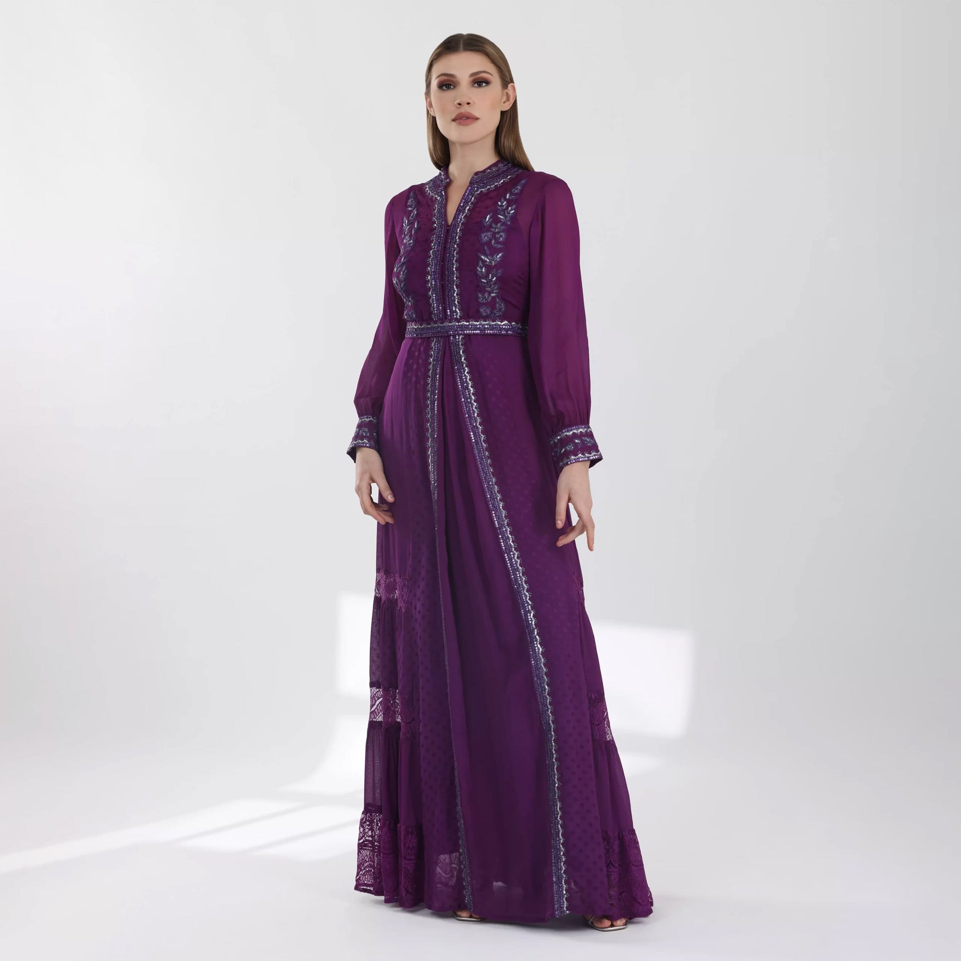 Purple Dress With Long Sleeves and Silver Embroidery From Shalky