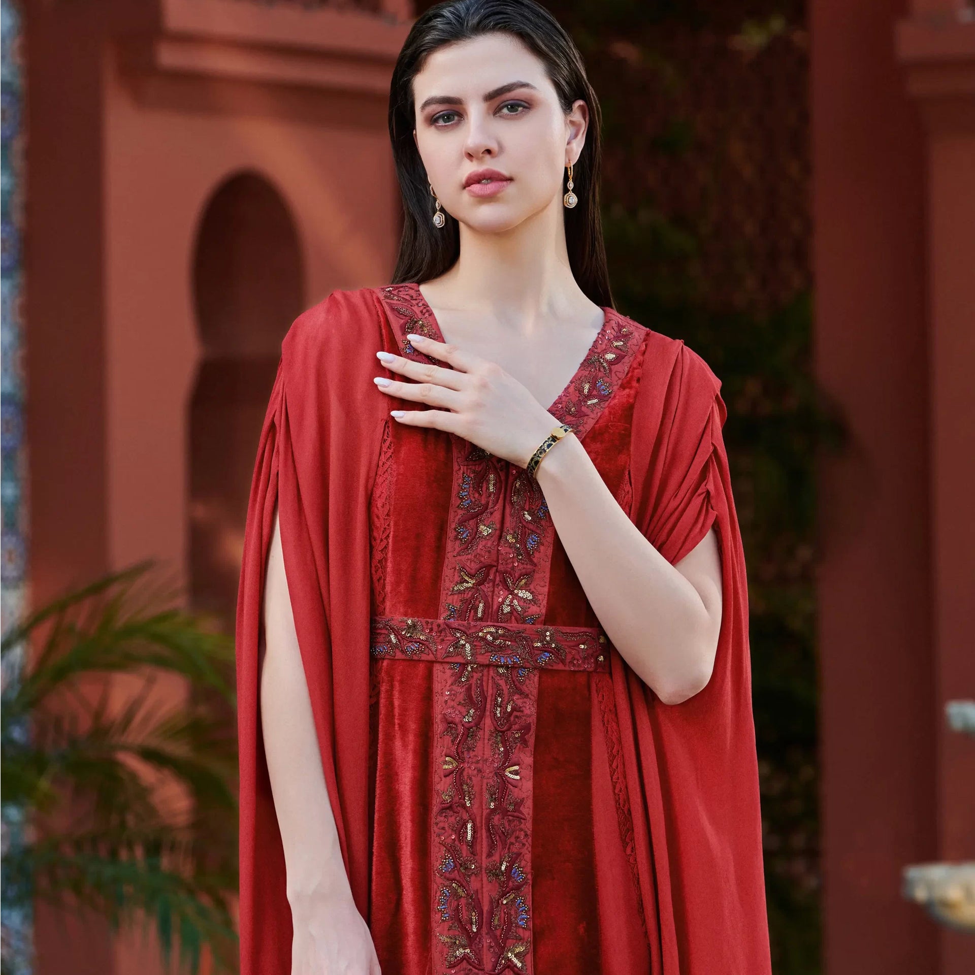 Burgundy Bisca Dress With Gold Embroidery From Shalky
