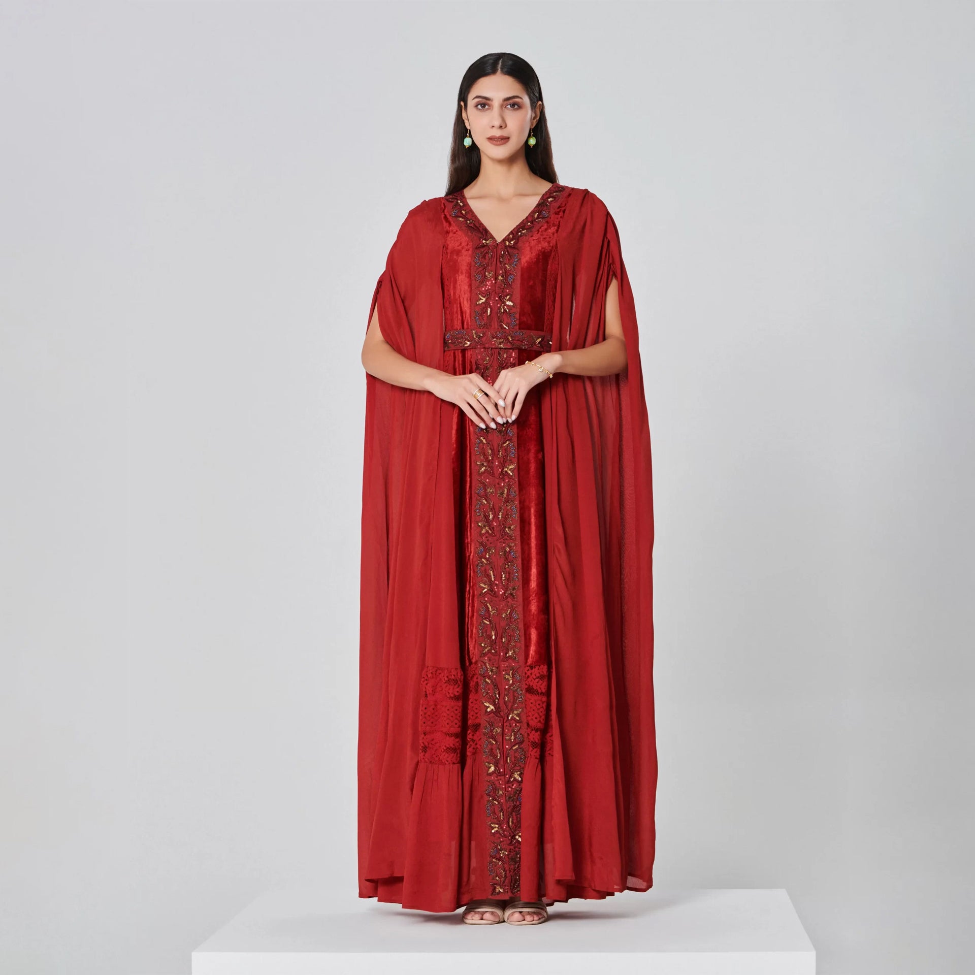 Burgundy Bisca Dress With Gold Embroidery From Shalky