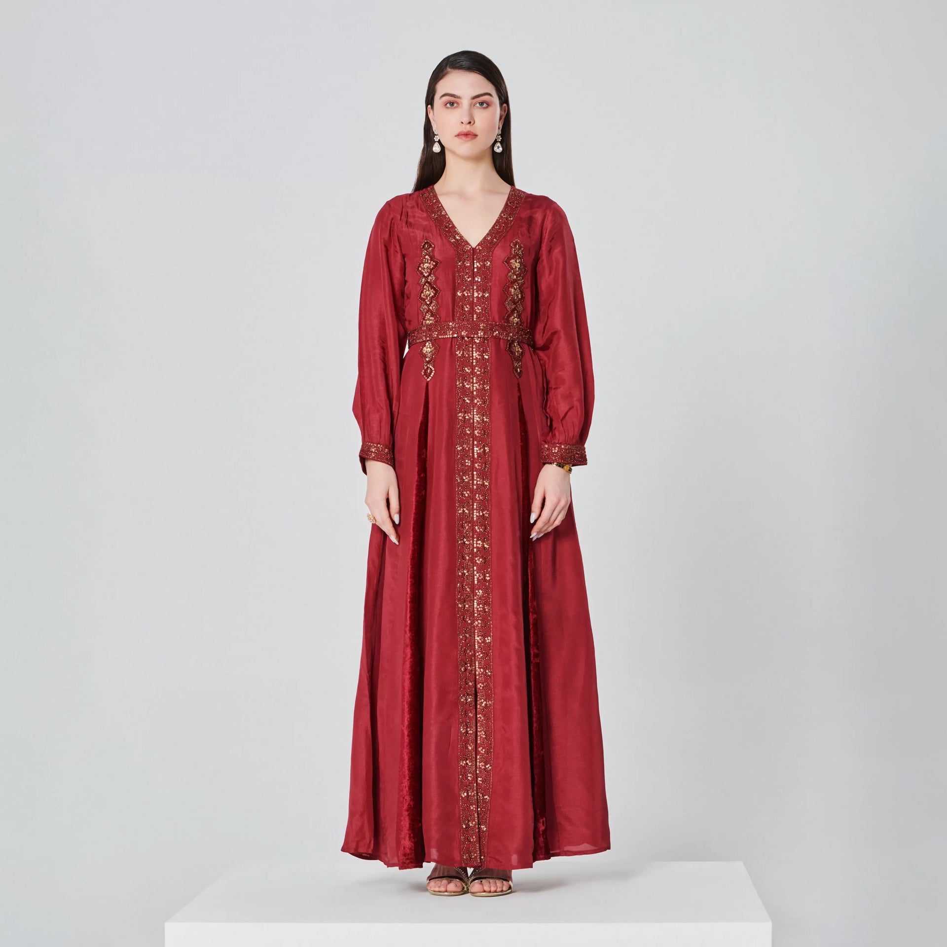 Burgundy Carmit Dress with Long Sleeves and Gold Embroidery From Shalky