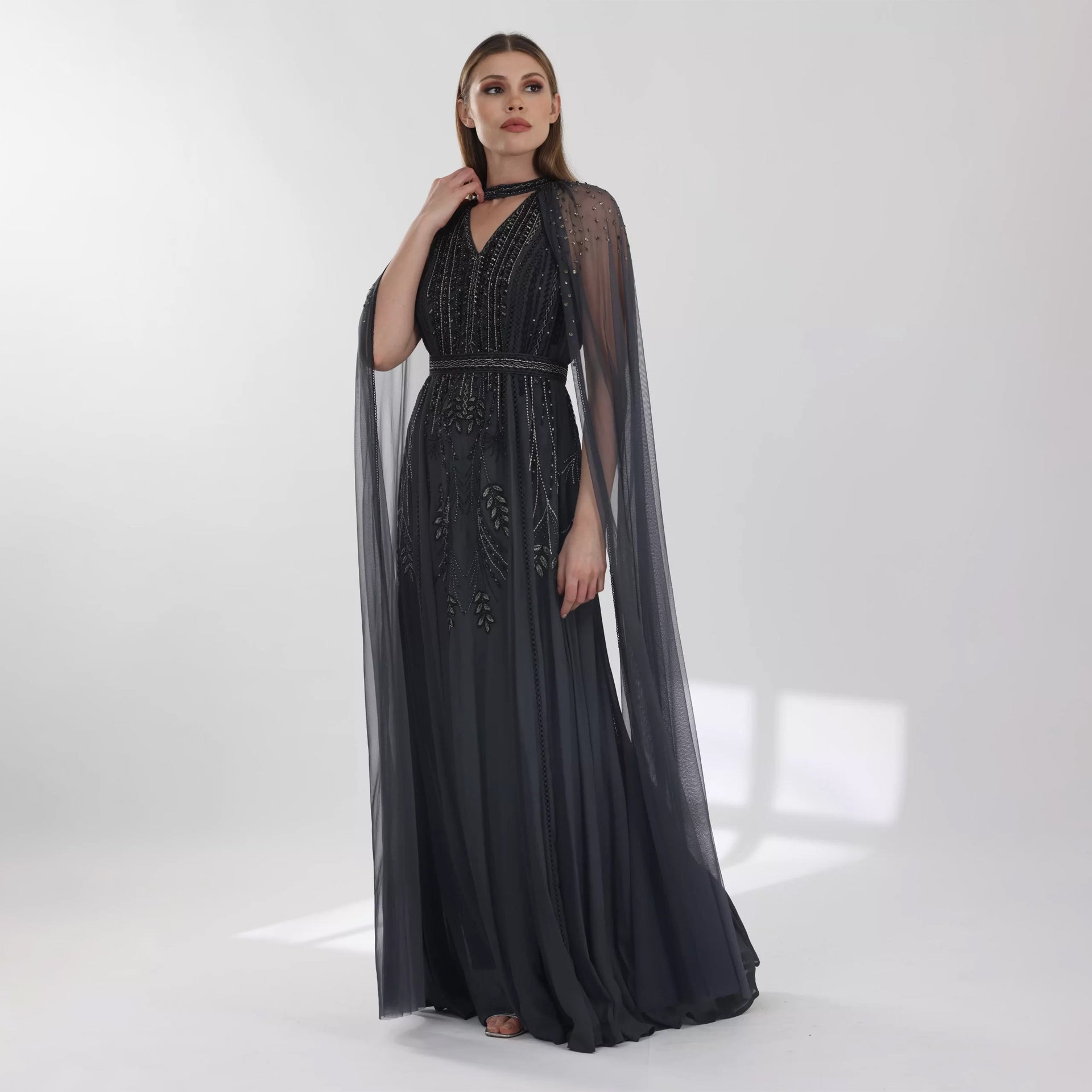 Dark Gray Sleeveless Dress with Silver Embroidery and Cape From Shalky