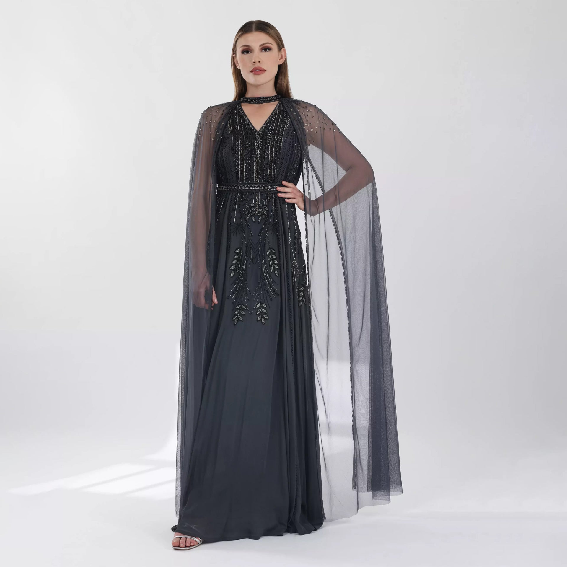Dark Gray Sleeveless Dress with Silver Embroidery and Cape From Shalky