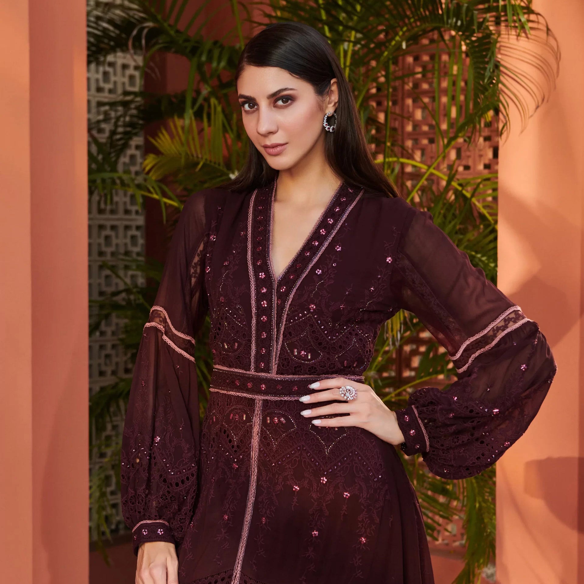 Brown Embroidery Dress with Long Sleeves From Shalky