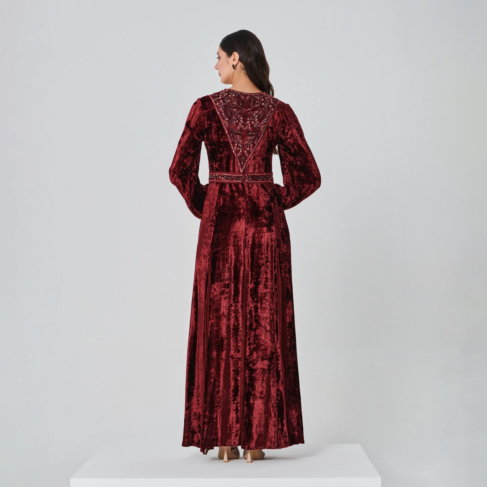 Brown Velvet Nolaya Dress With Long Sleeves And Gold Embroidery From Shalky
