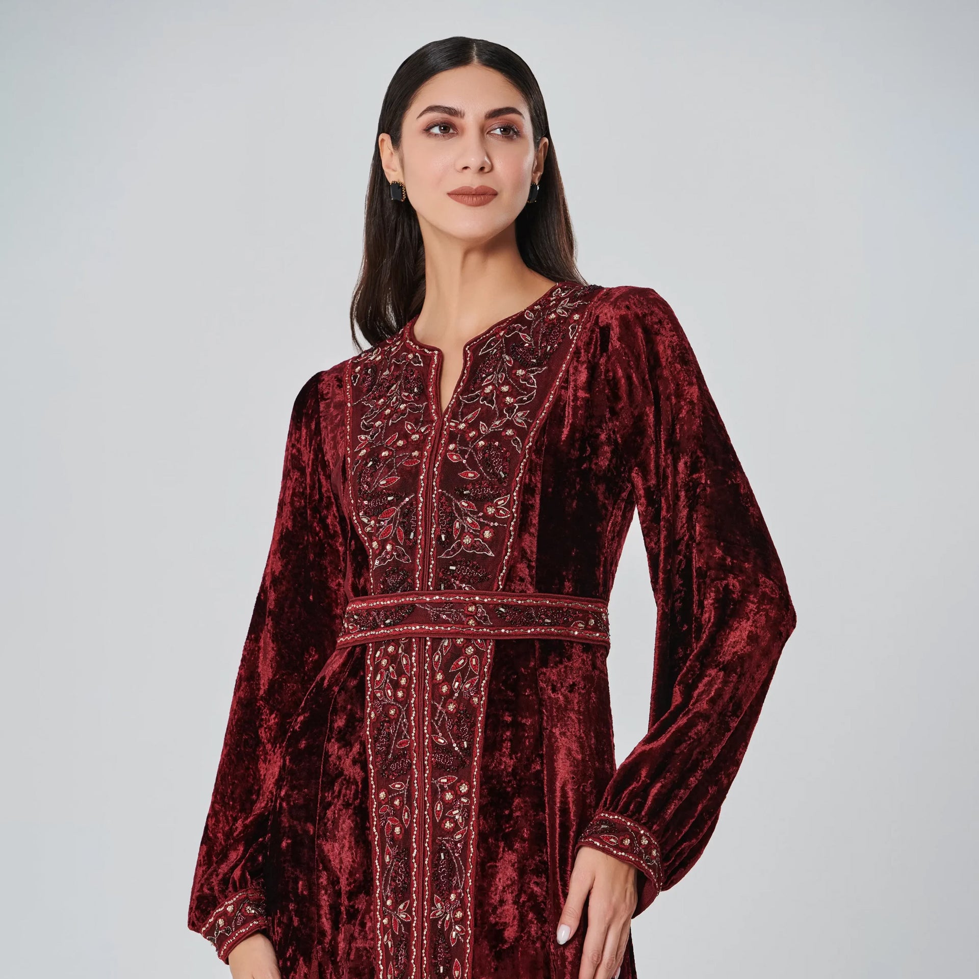 Brown Velvet Nolaya Dress With Long Sleeves And Gold Embroidery From Shalky