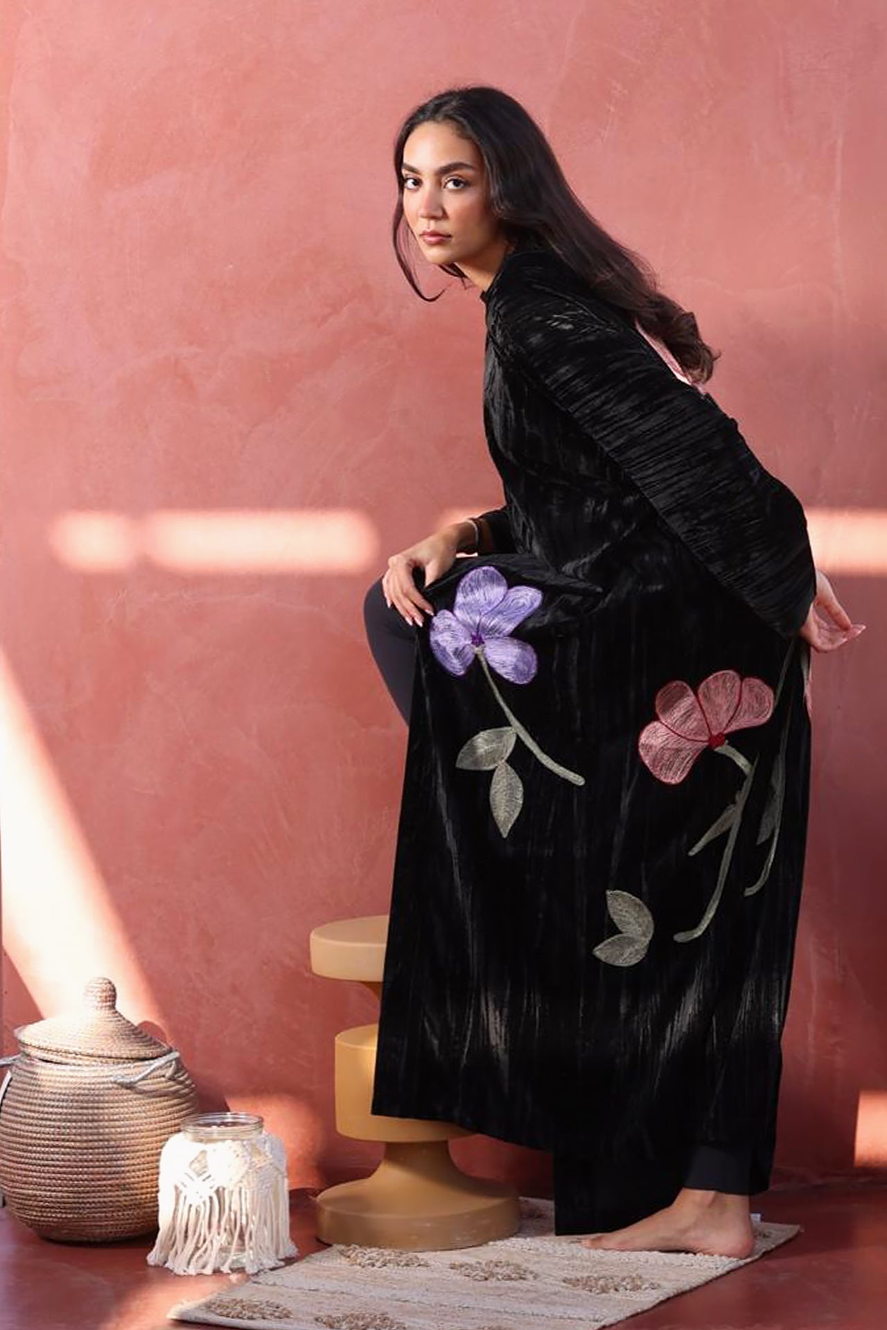 Velvet Black Floral Abaya by Nour Artisan