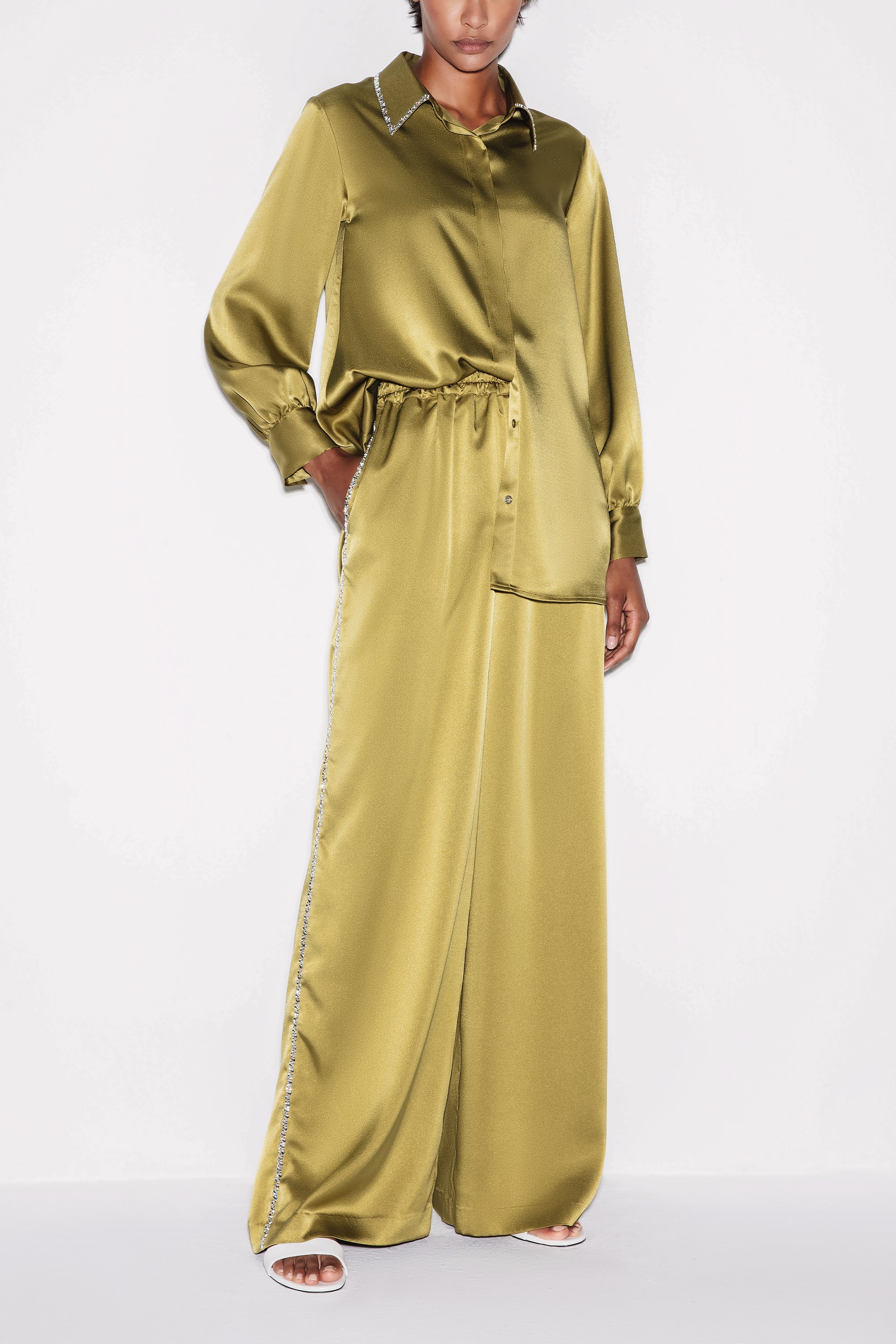 Olive Green Refined Satin Fitted Shirt by Lili Blanc