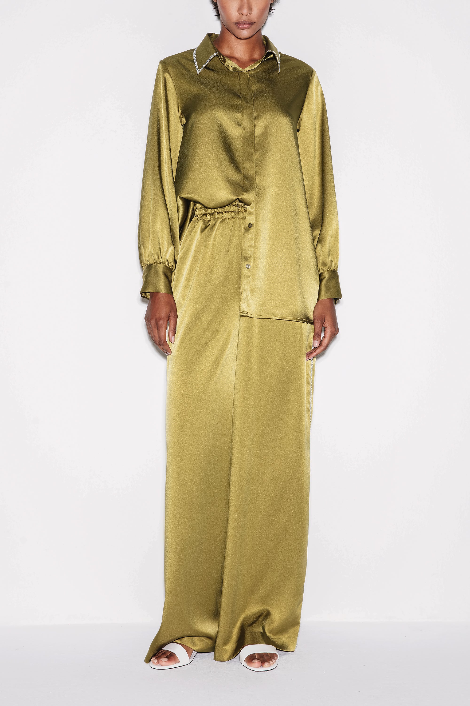 Olive Green Refined Satin Fitted Shirt by Lili Blanc