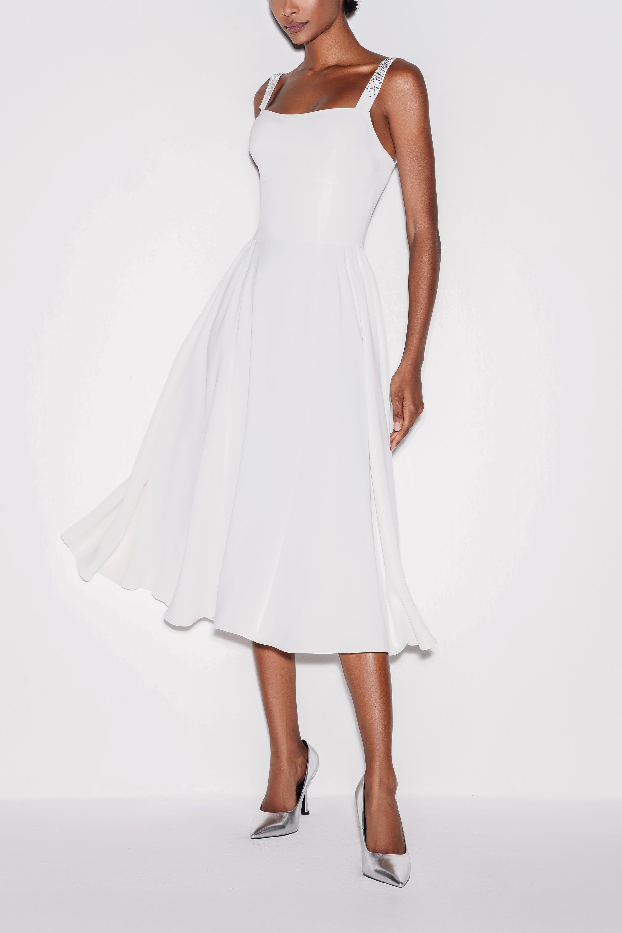 White Feminine Charm Midi Dress by Lili Blanc