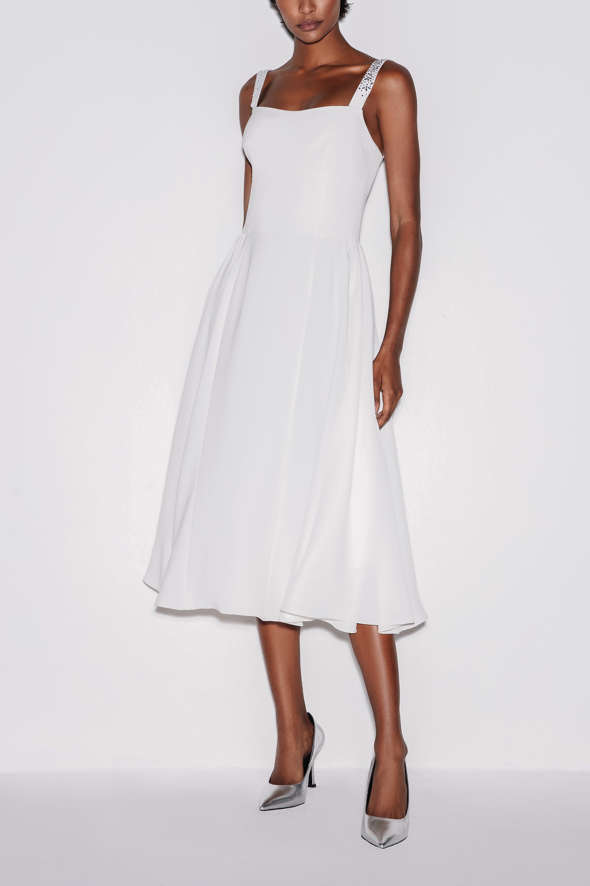 White Feminine Charm Midi Dress by Lili Blanc