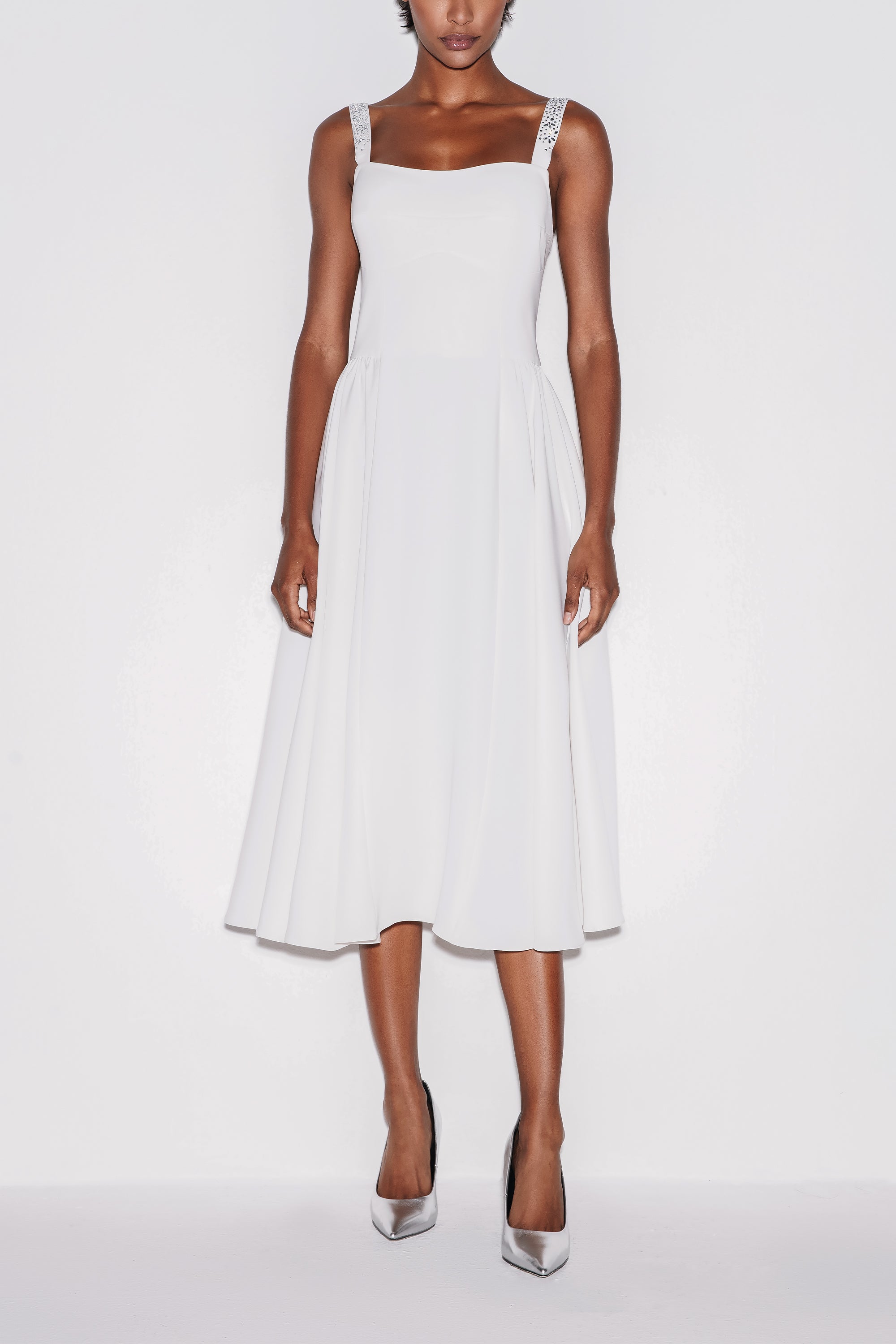 White Feminine Charm Midi Dress by Lili Blanc
