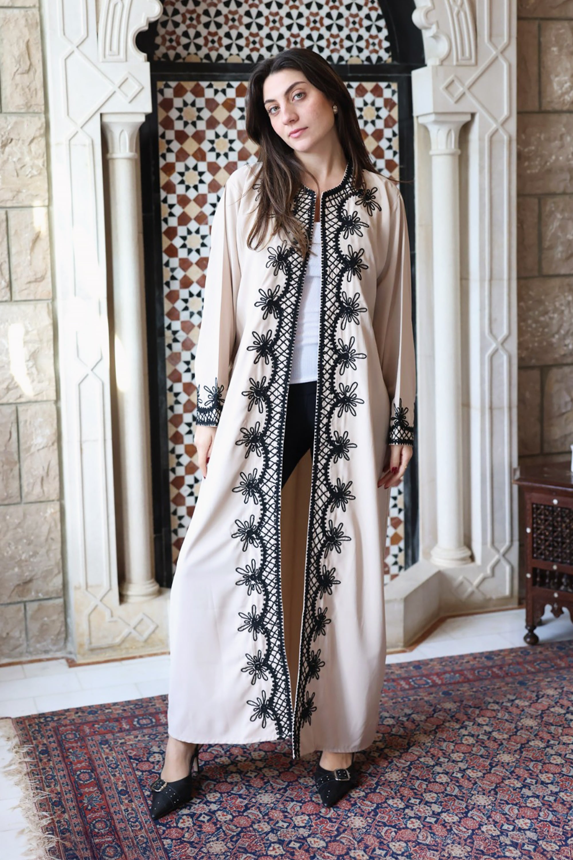 Beige Embroidery Crepe Abaya by Nour Artisan