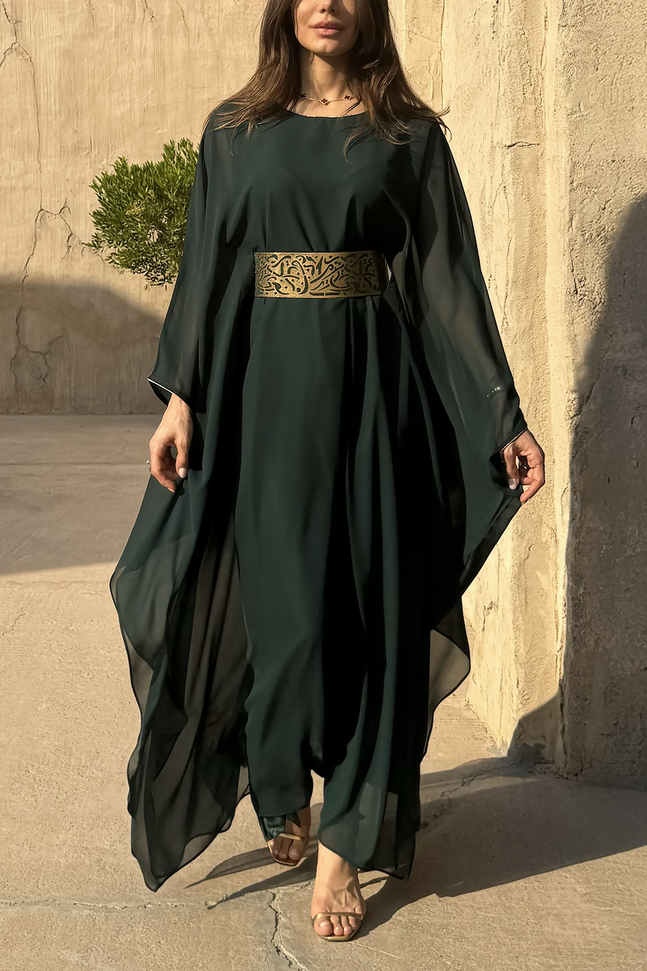 Green Silk Chiffon Kaftan with Arabic Belt by Maison Arabelle