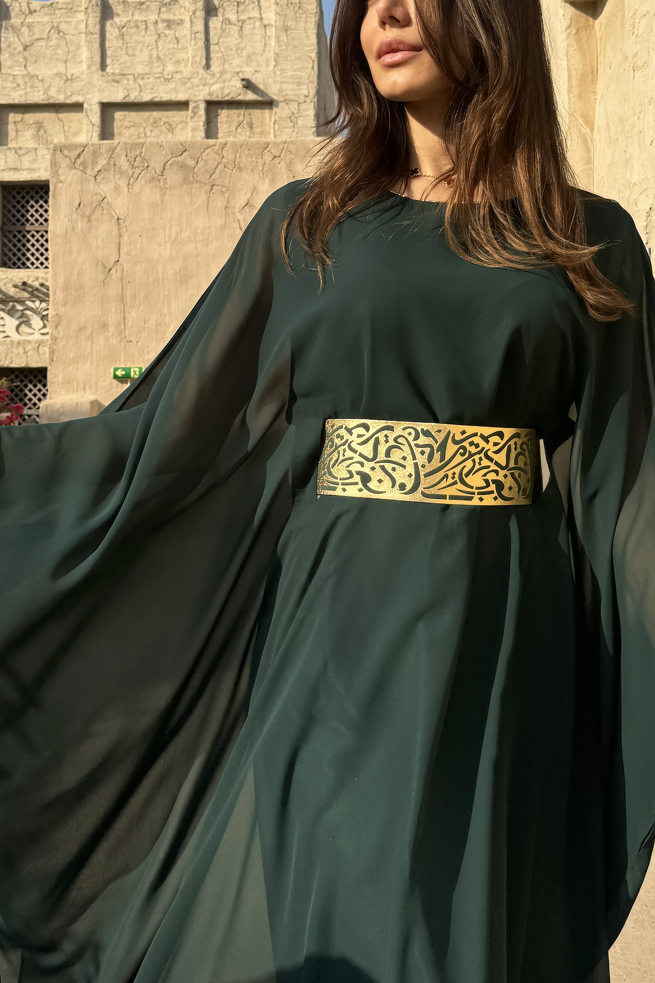 Green Silk Chiffon Kaftan with Arabic Belt by Maison Arabelle