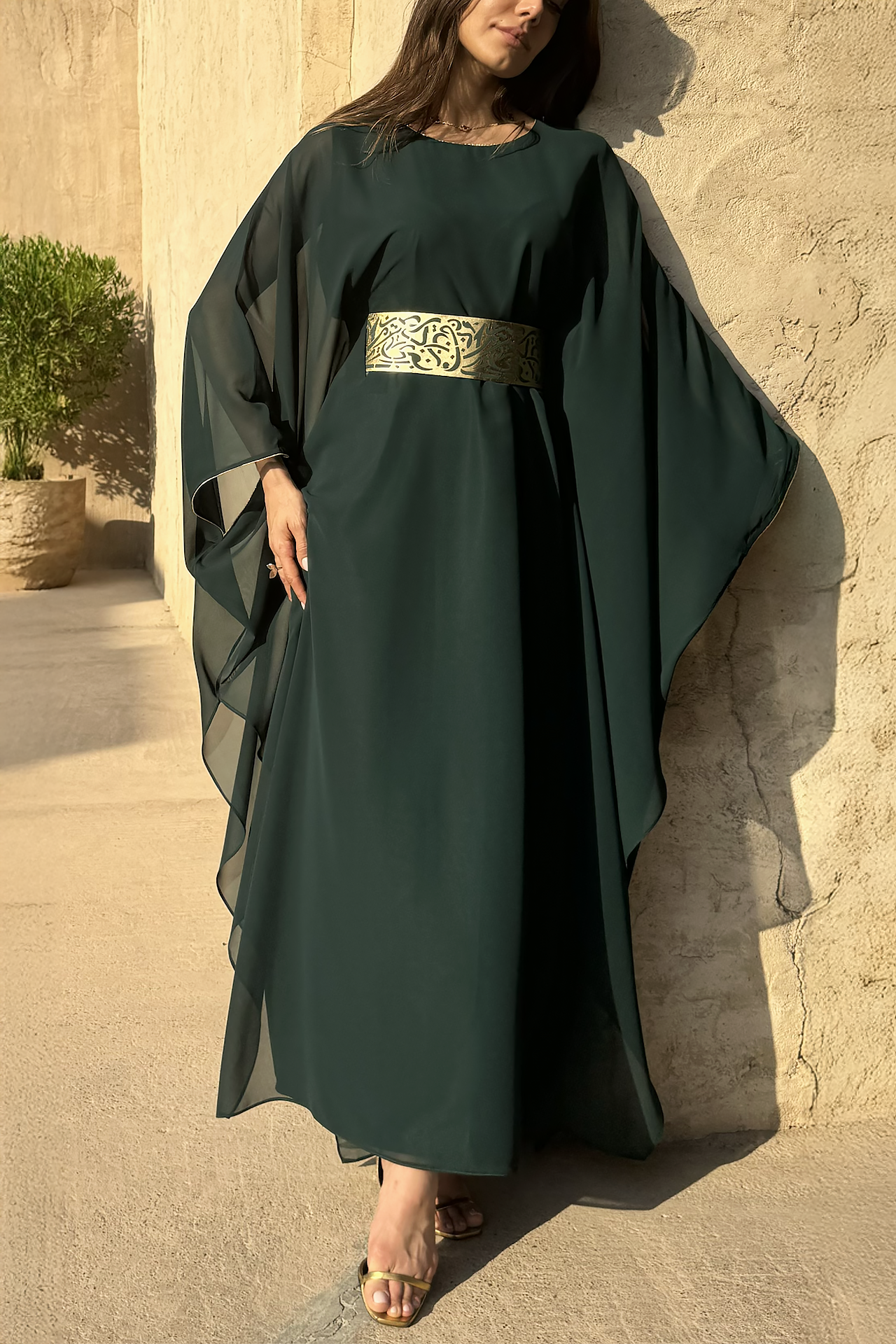 Green Silk Chiffon Kaftan with Arabic Belt by Maison Arabelle