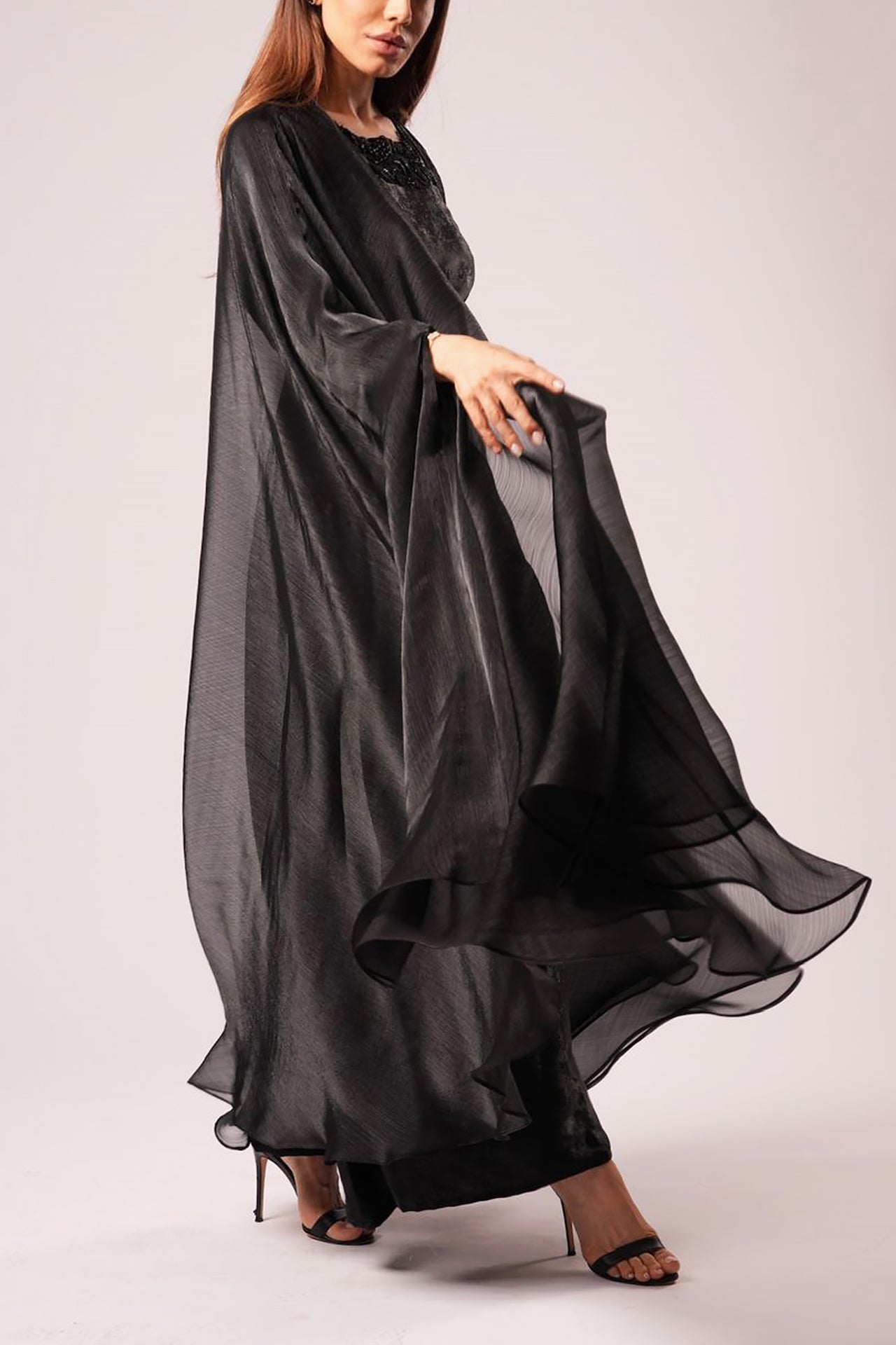 Black Cape Kaftan with Handmade Embroidery by Maison Arabelle