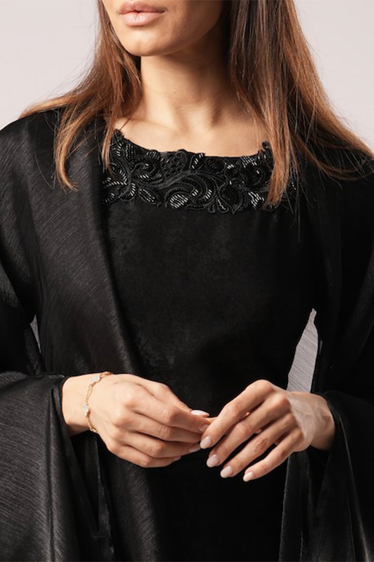 Black Cape Kaftan with Handmade Embroidery by Maison Arabelle