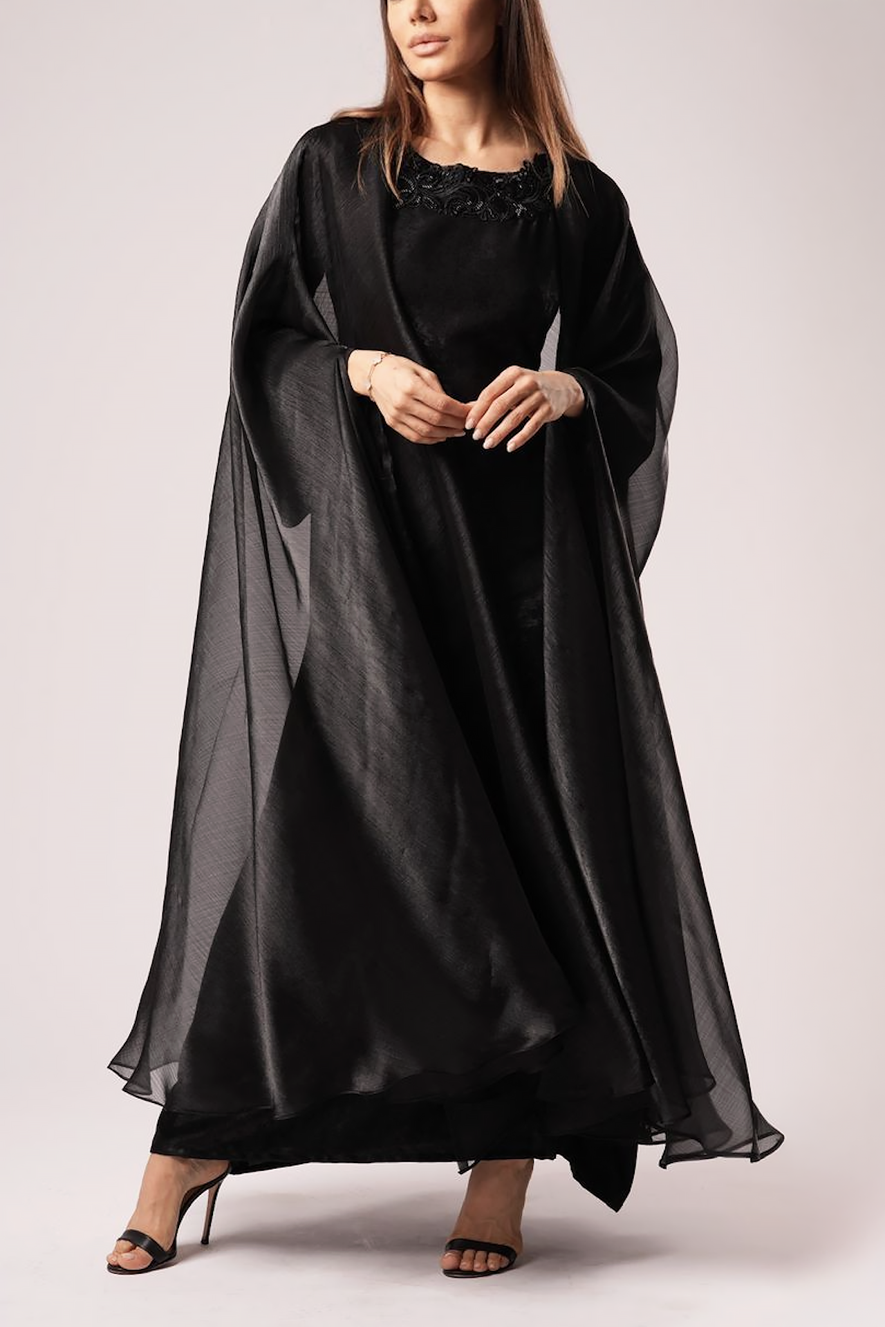 Black Cape Kaftan with Handmade Embroidery by Maison Arabelle