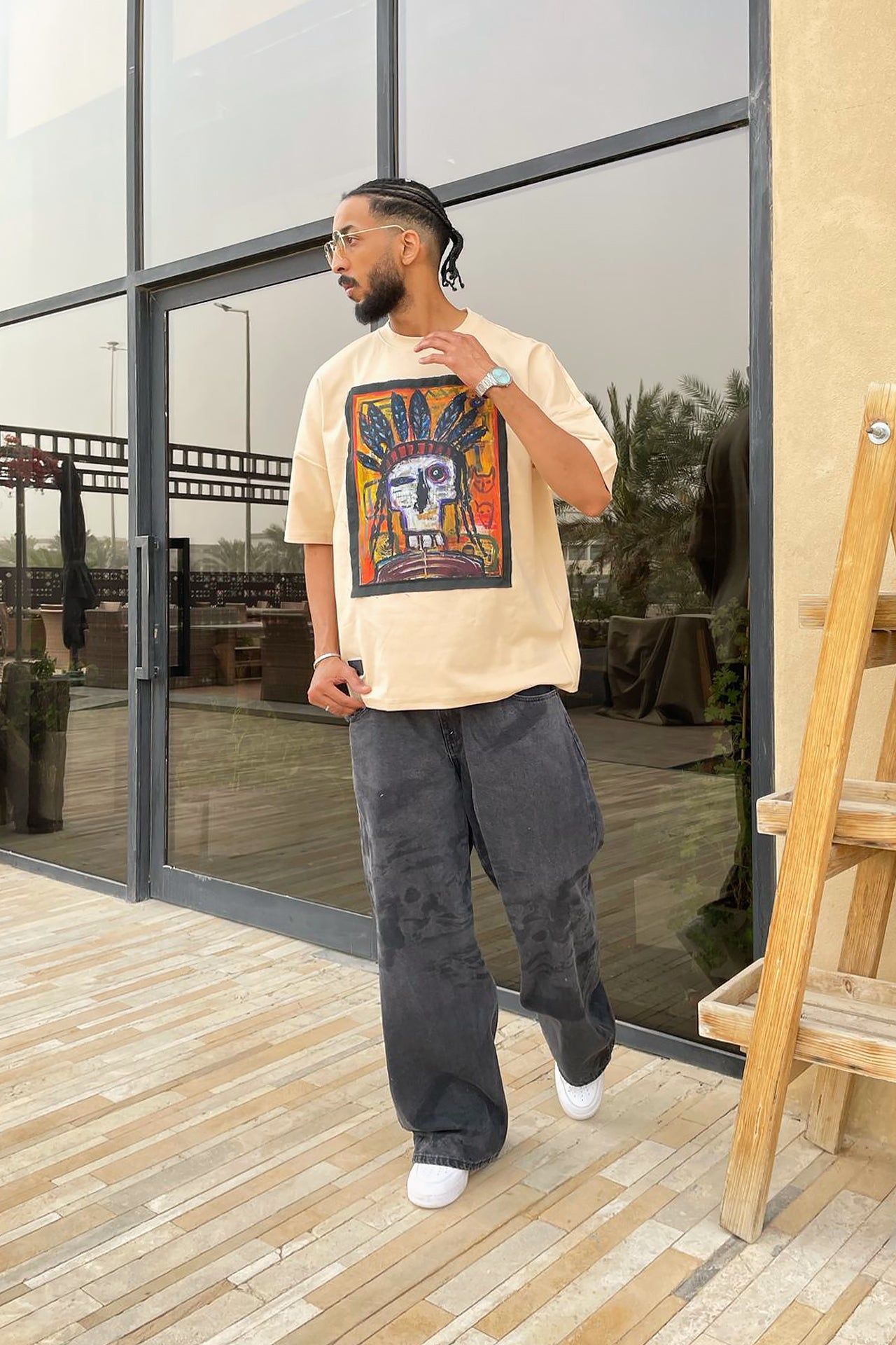 Unisex Beige Skull Printed T-shirt by Pavone Line