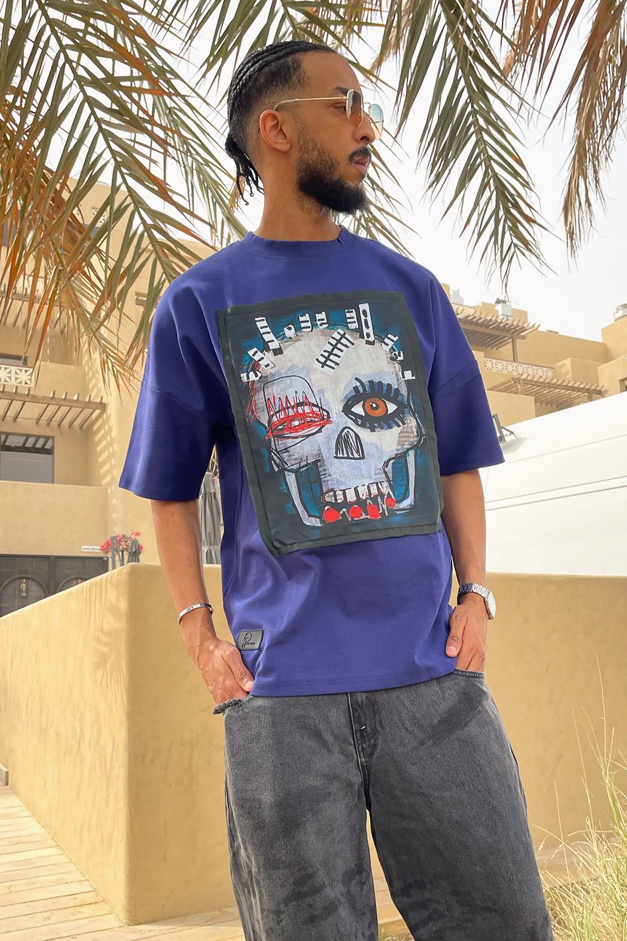 Unisex Navy Blue Skull Printed T-shirt by Pavone Line