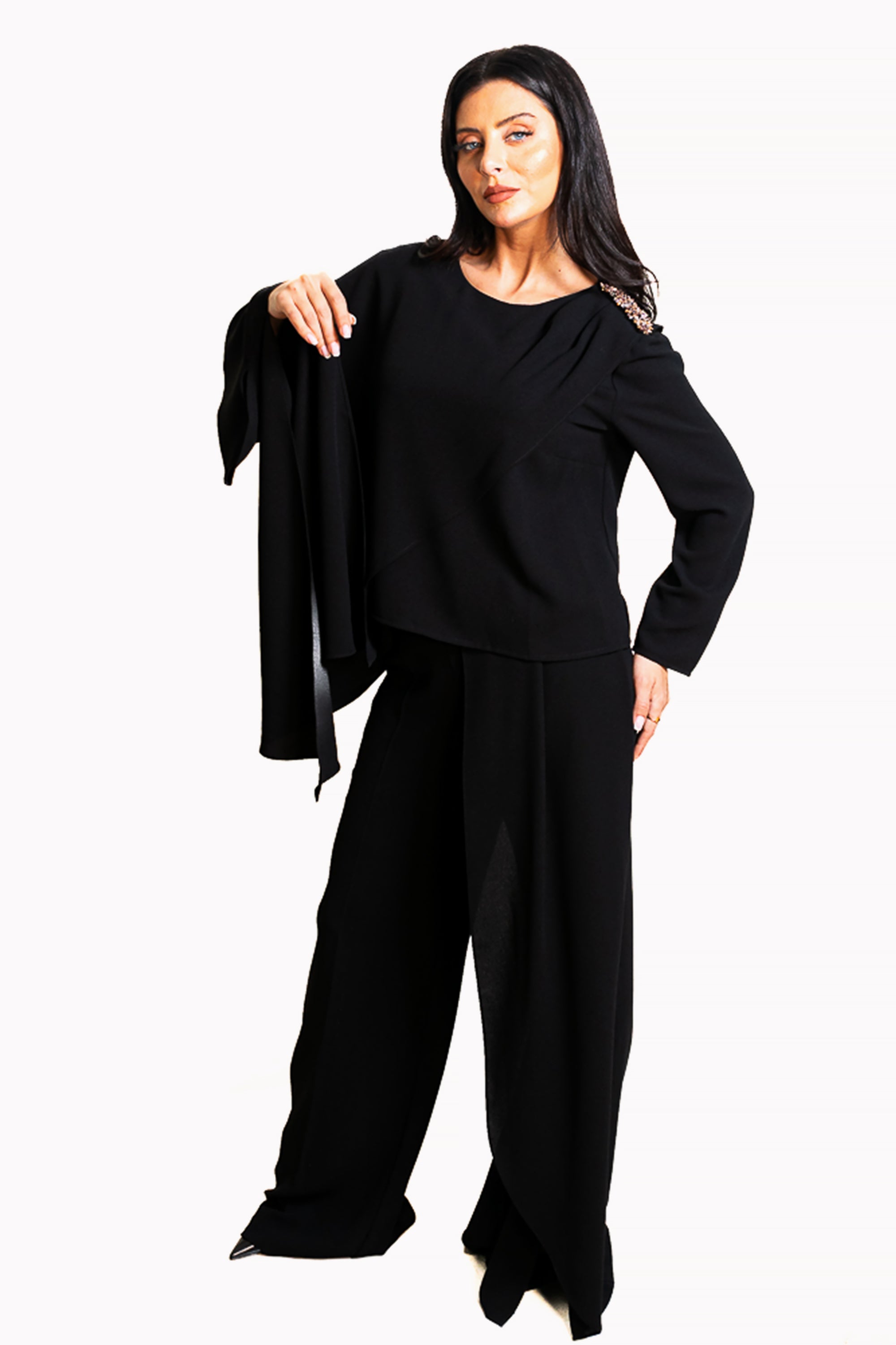 Black Two-Piece Set of Asymmetrical Blouse and Pants by The Embroidered Corner