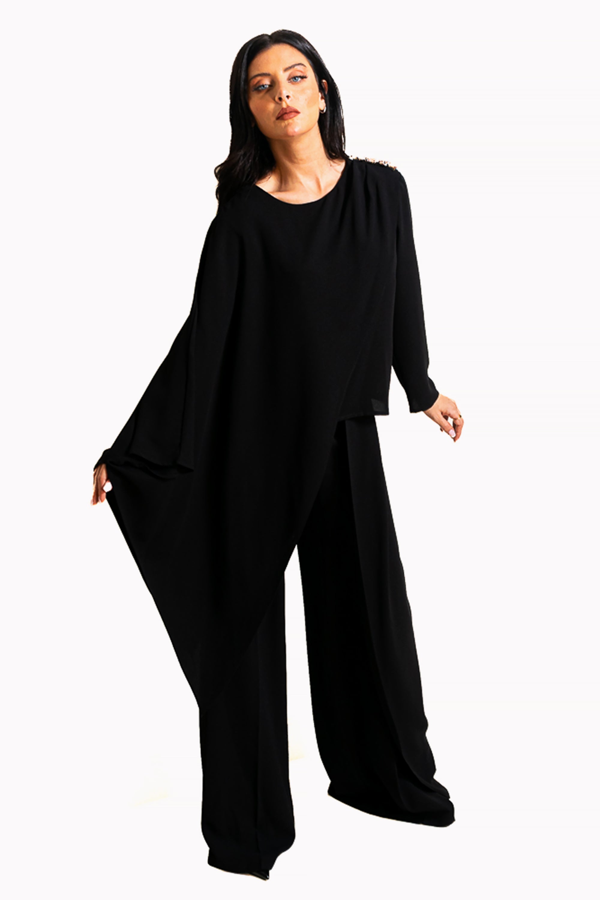 Black Two-Piece Set of Asymmetrical Blouse and Pants by The Embroidered Corner