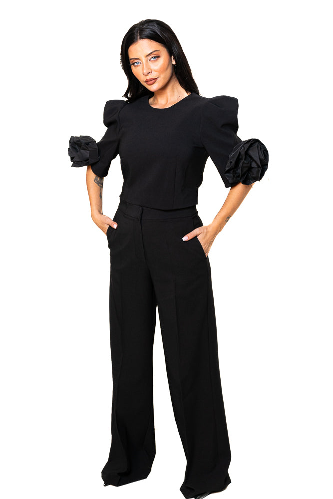 Black Two-Piece Set of Floral Blouse and Pants by The Embroidered Corner