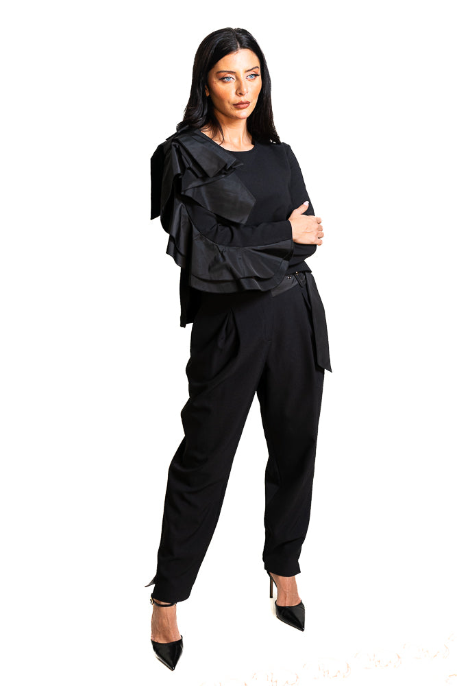 Black Two-Piece Set of Ruffled Blouse and High-Waisted Pants by The Embroidered Corner