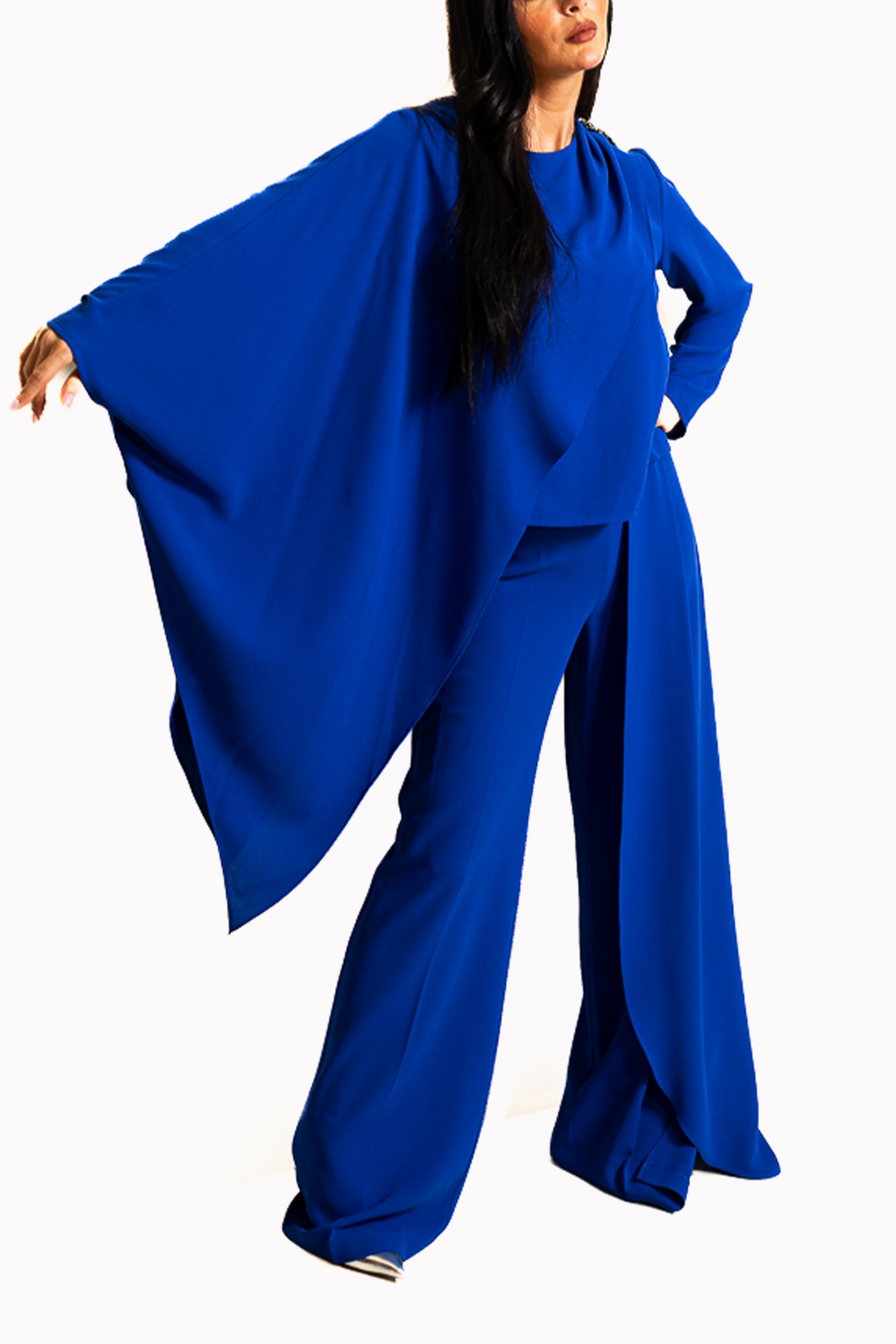 Blue Two-Piece Set of Asymmetrical Blouse and Pants by The Embroidered Corner