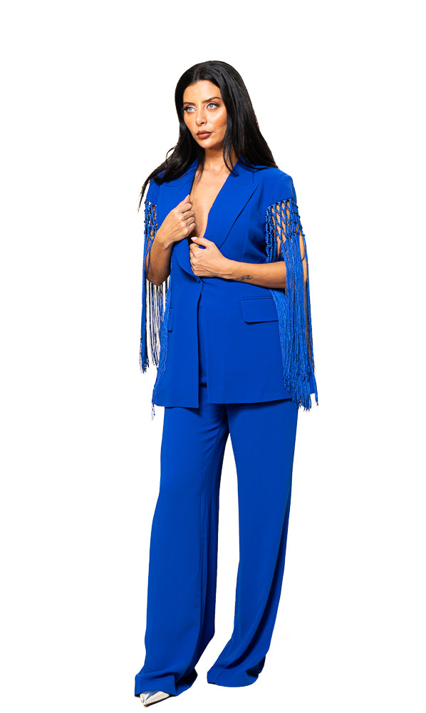 Blue Two-Piece Set of Jacket with Tassels and Pants by The Embroidered Corner