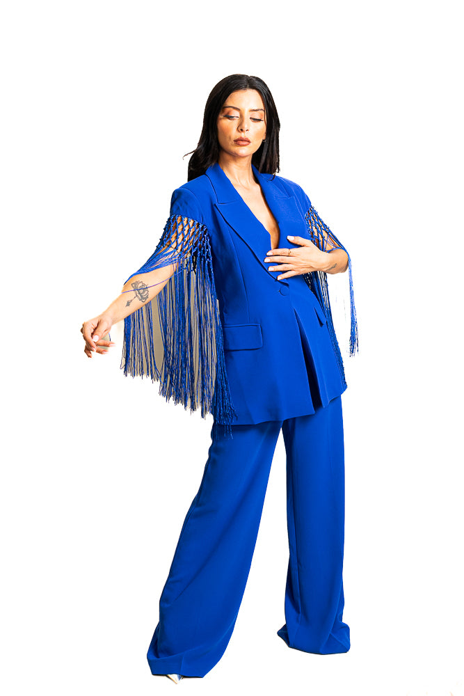 Blue Two-Piece Set of Jacket with Tassels and Pants by The Embroidered Corner