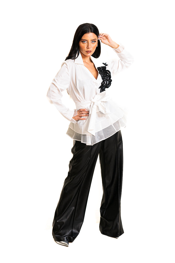 Black and White Two-Piece Set of Embroidered Shirt and Pants by The Embroidered Corner