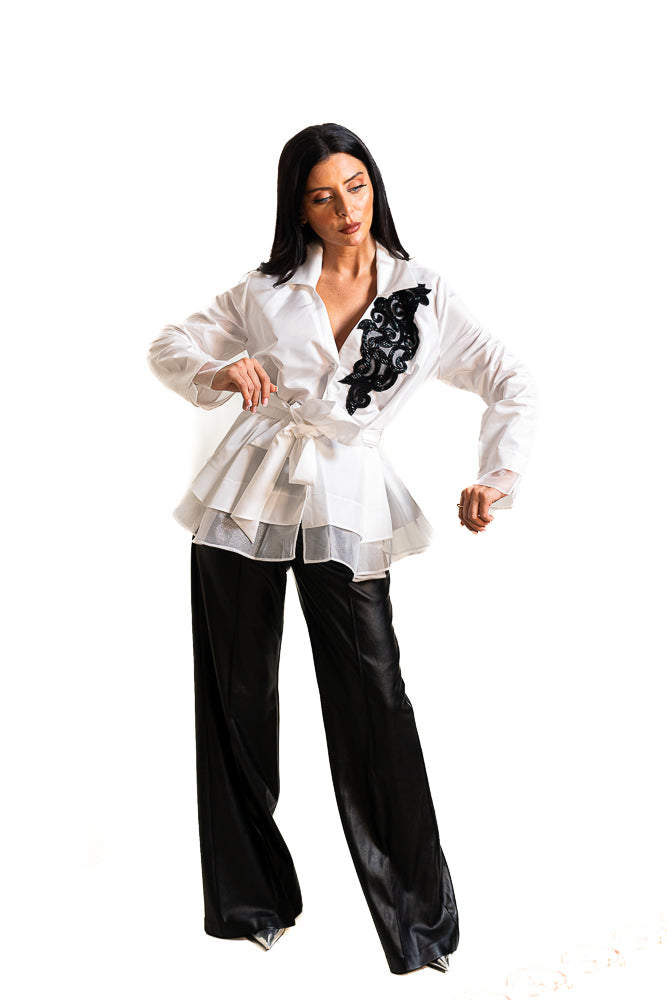 Black and White Two-Piece Set of Embroidered Shirt and Pants by The Embroidered Corner