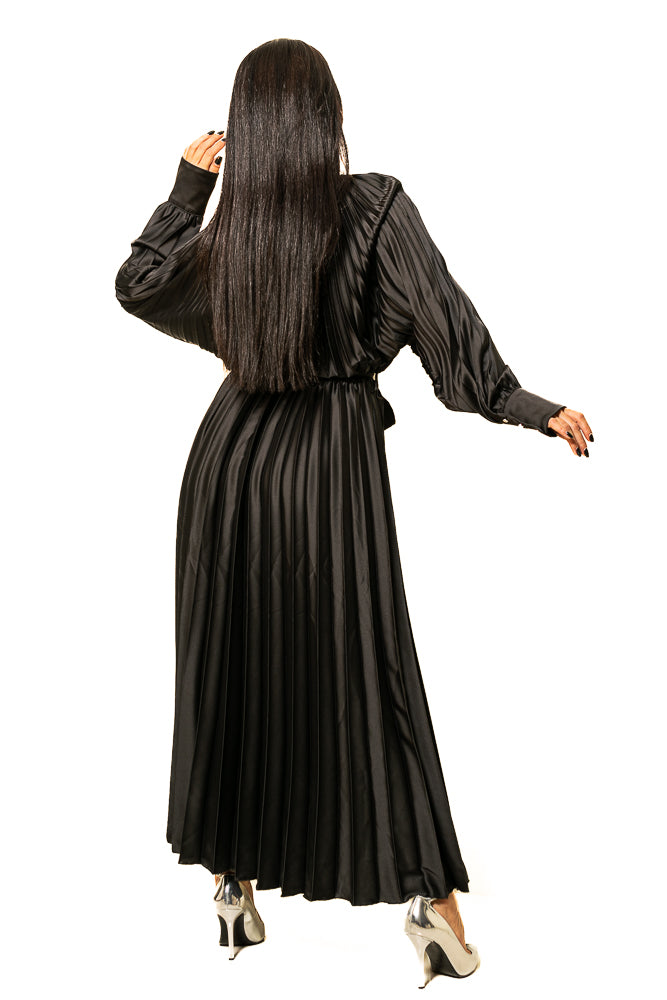 Black Two-Piece Set of Puff Blouse and Maxi Skirt with Crystals by The Embroidered Corner
