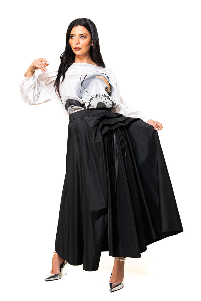Black and White Two-Piece Set of Floral Blouse and Ruffled Skirt by The Embroidered Corner