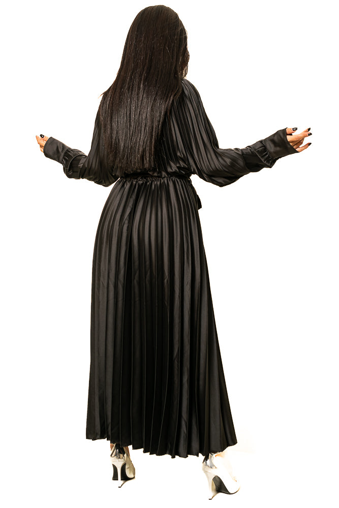 Black Two-Piece Set of Puff Blouse and Maxi Skirt with Crystals by The Embroidered Corner