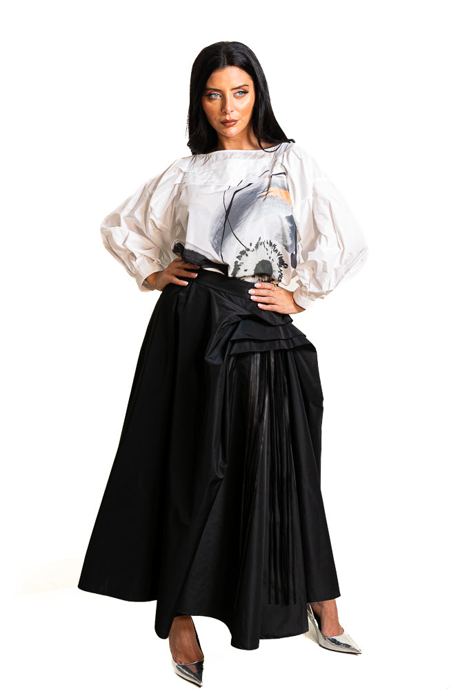 Black and White Two-Piece Set of Floral Blouse and Ruffled Skirt by The Embroidered Corner