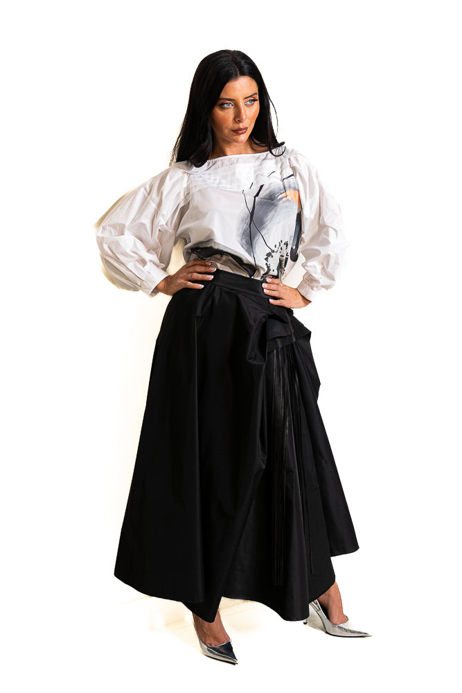 Black and White Two-Piece Set of Floral Blouse and Ruffled Skirt by The Embroidered Corner