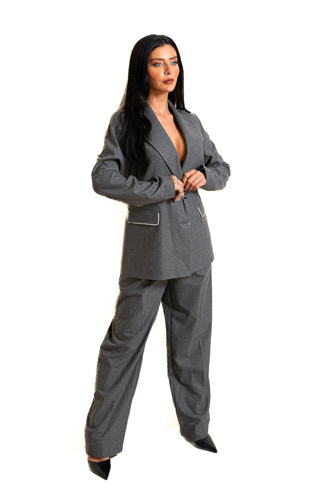 Grey Two-Piece Set of Buttoned Blazer and Pants by The Embroidered Corner