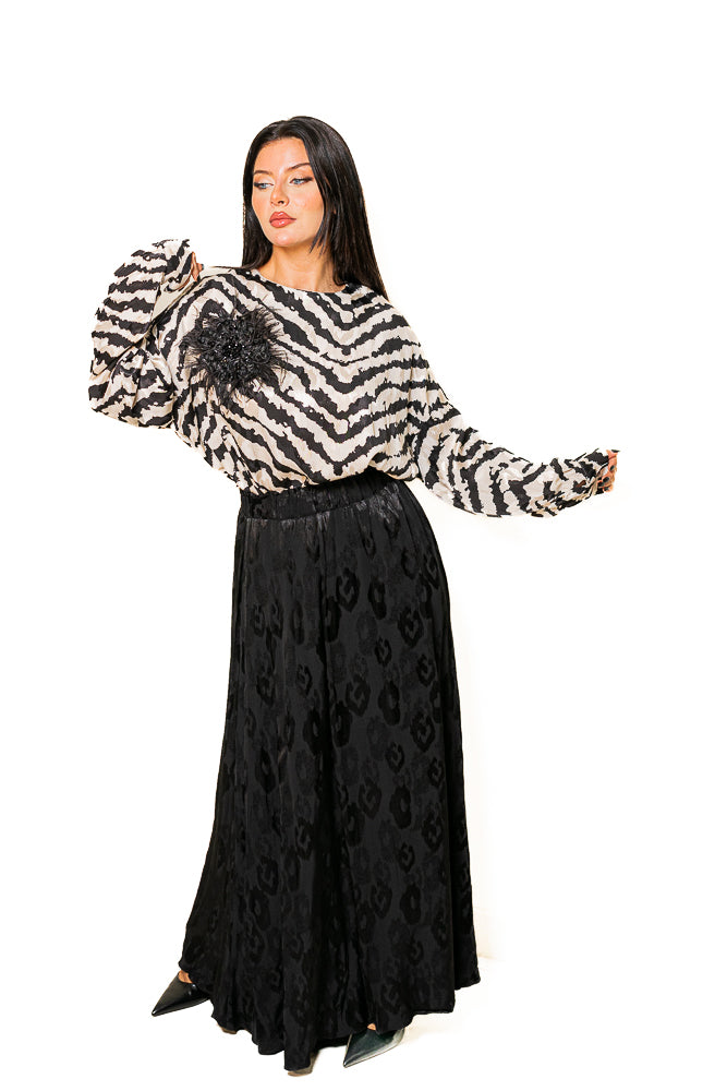 Black Two-Piece Set of Wavy Printed Blouse and Maxi Skirt Set by The Embroidered Corner