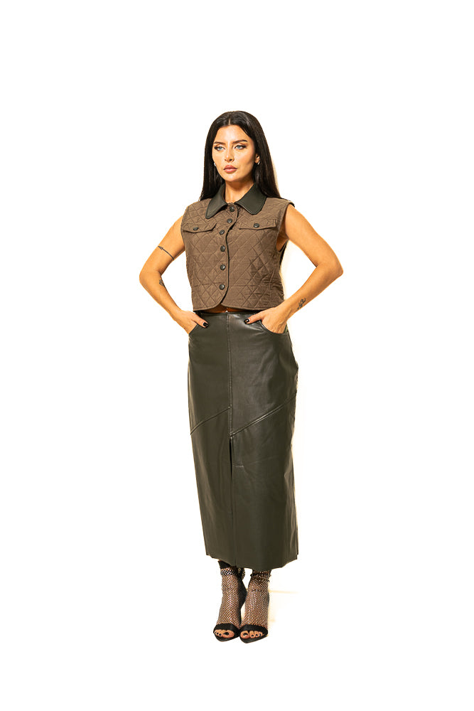Multicolor Two-Piece Set of Vest and Faux Leather Skirt by The Embroidered Corner