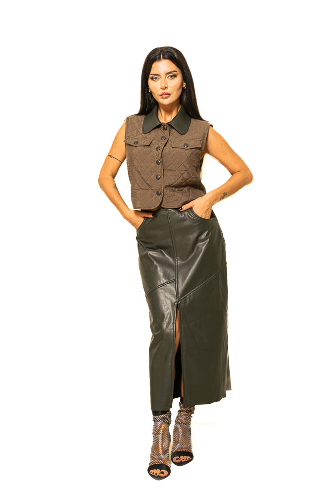Multicolor Two-Piece Set of Vest and Faux Leather Skirt by The Embroidered Corner