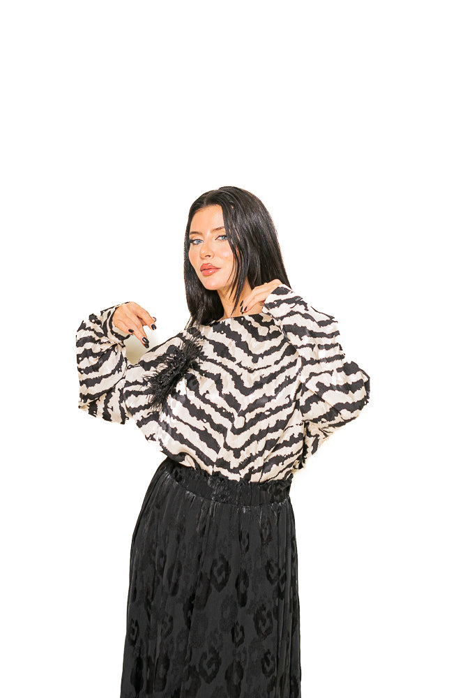 Black Two-Piece Set of Wavy Printed Blouse and Maxi Skirt Set by The Embroidered Corner