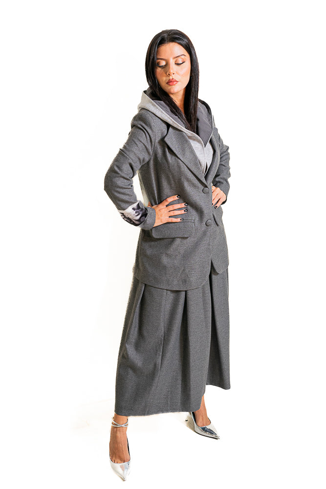 Grey Two-Piece Set of Blazer with Midi Skirt by The Embroidered Corner