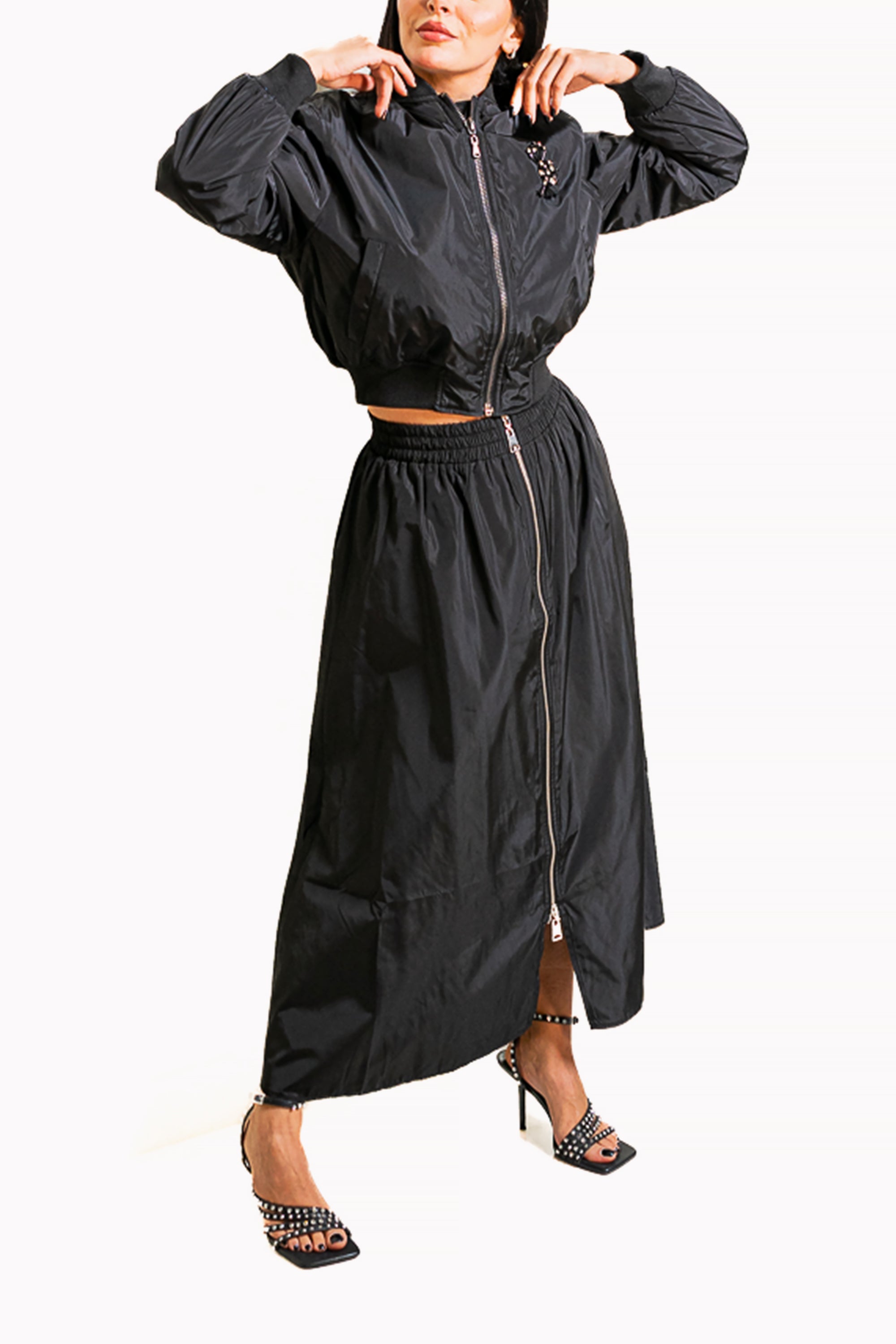 Black Two-Piece Set of Jacket and Maxi Skirt with Zipper by The Embroidered Corner