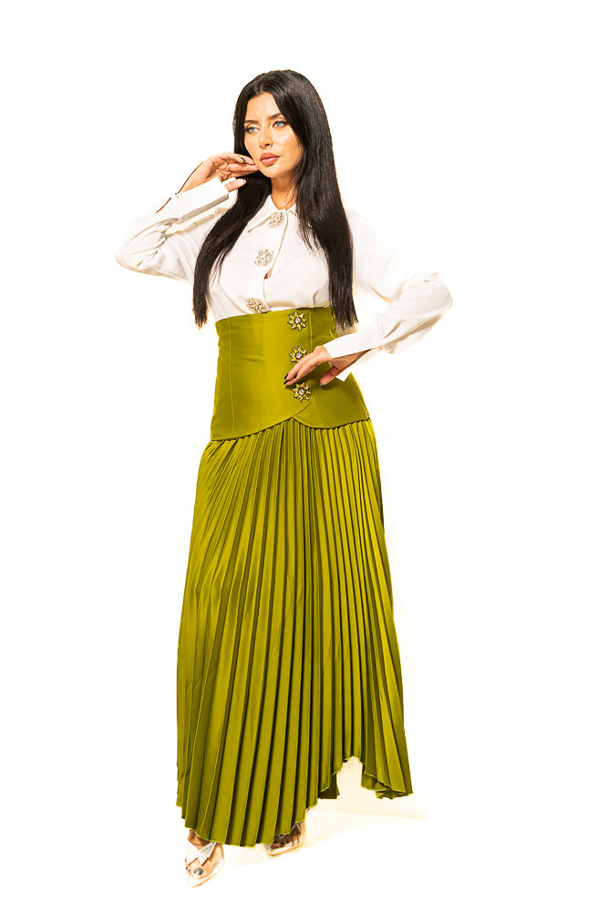 Green and White Blouse with Shiny Buttons and Pleated Skirt by The Embroidered Corner