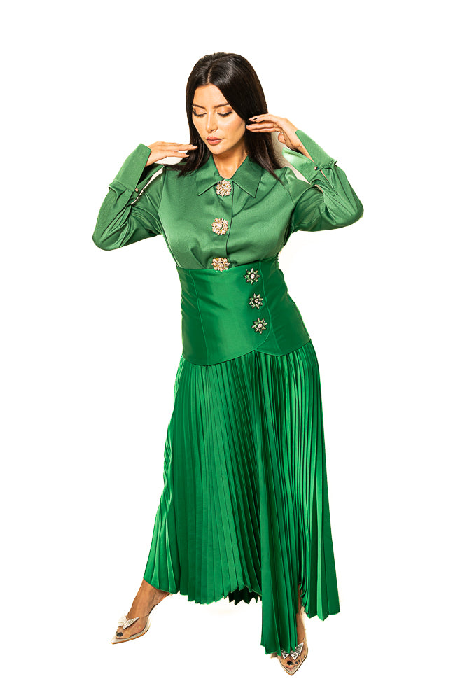 Green Blouse with Shiny Buttons and Pleated Skirt by The Embroidered Corner