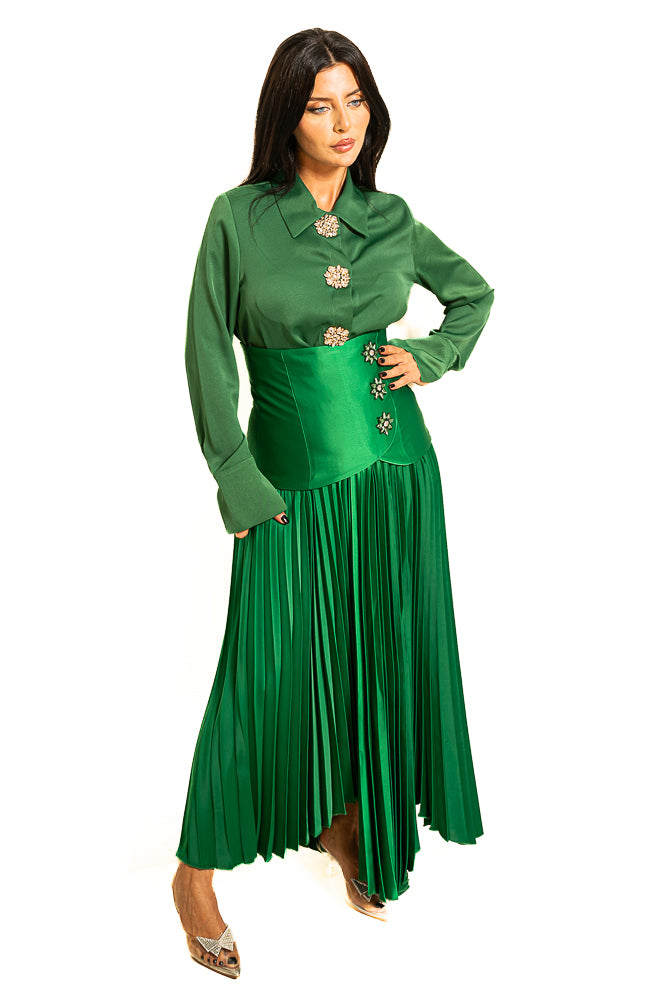 Green Blouse with Shiny Buttons and Pleated Skirt by The Embroidered Corner