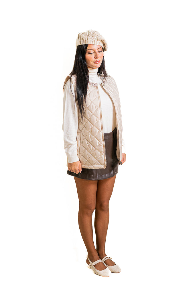 Beige Vest Jacket with Crystal Collar by The Embroidered Corner
