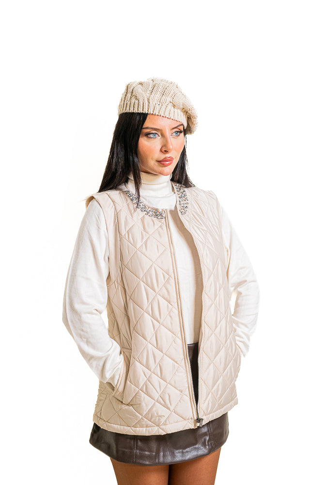 Beige Vest Jacket with Crystal Collar by The Embroidered Corner